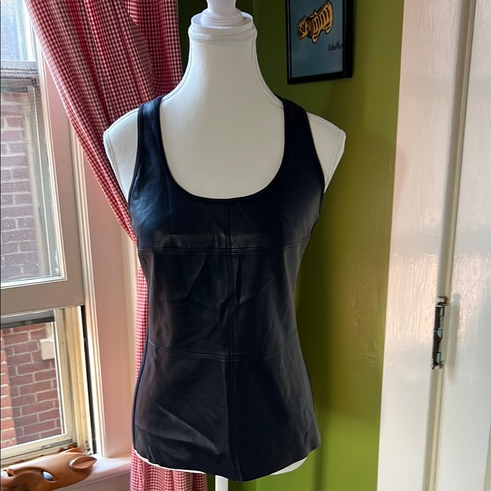 Navy Faux Leather and Rayon Racer Back Top